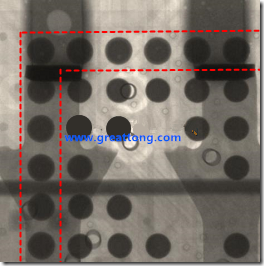 BGA锡球尺寸小于0.4mm，采用降低BGA内围袭球的锡膏量所得到X-Ray，稍微留意一下可以发现最外圈的锡量(圆的直径)比其他内围的锡球上的锡量来得多一点点。也就是外圈的黑色圆形直径比内圈的圆形来得大一点点。