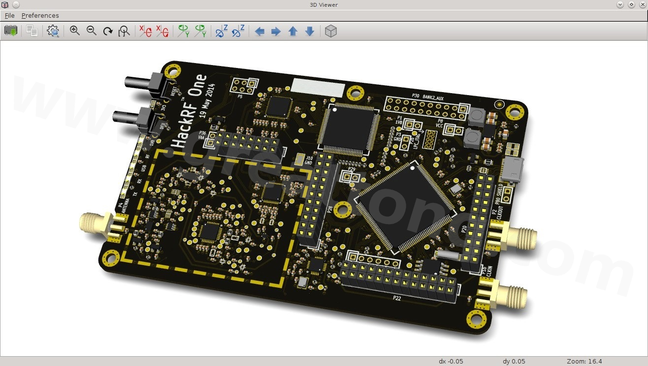 经KiCad软体3D功能渲染过的HackRF One电路板。