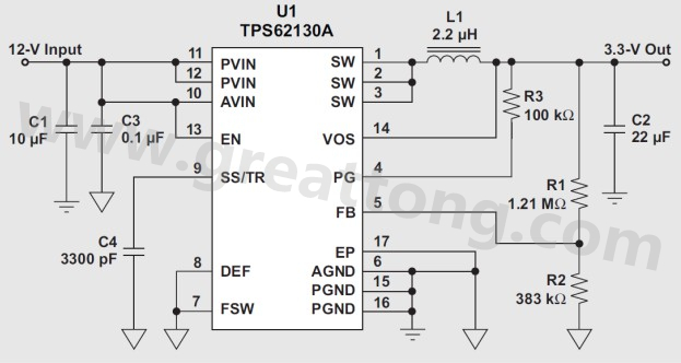 电压从 12-V 降至 3.3-V 所用的 TPS62130A 电路