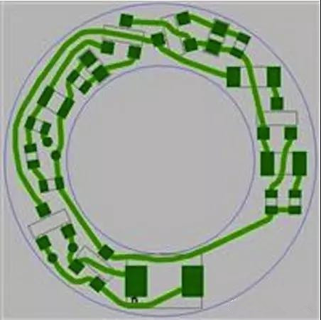 图6：PCB布线例子：(a)拓扑式自动布线器(完成了100%导线的布线)；