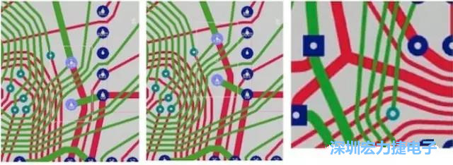 图9：自动移动过孔(淡蓝色圆)和分支点。(a)原始设计的一部分，(b)移动过孔后的设计，(c)分支点(3条红色导线)被自动移动到最佳位置。